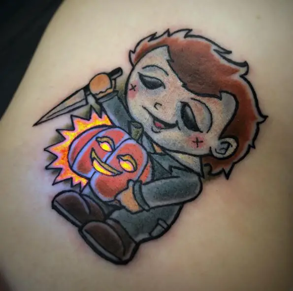 Colorful Little Michael Myers with Knife and Pumpkin Tattoo