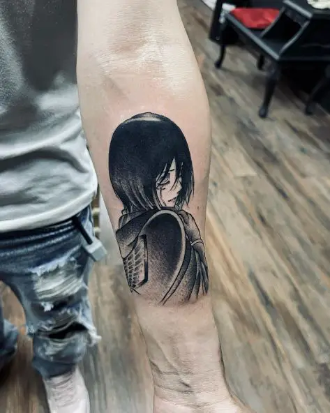 Black Shaded Mikasa Ackerman Forearm Tattoo