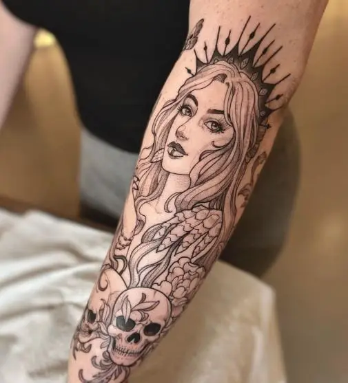 Black and Grey Persephone with Skulls Forearm Tattoo