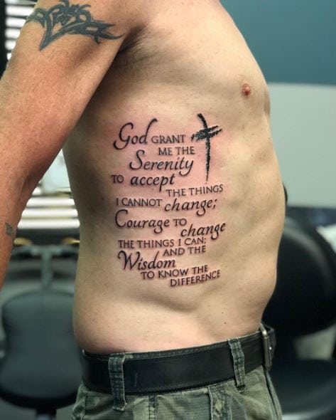 Black Cross and Serenity Prayer Quote Ribs Tattoo