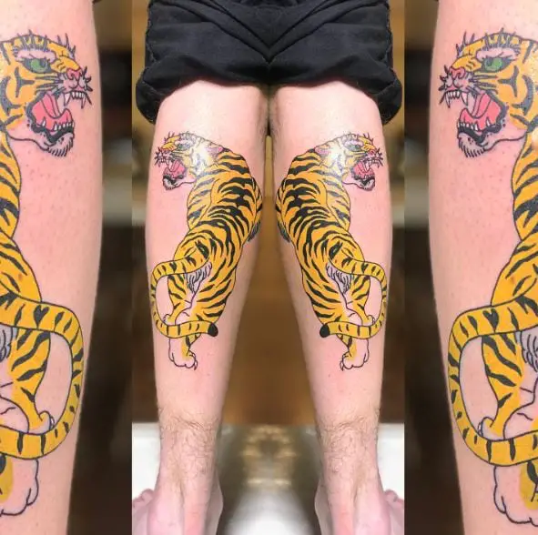 Raring Yellow Tiger Calf Tattoo