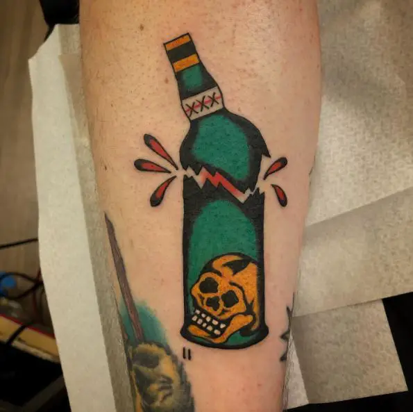 Green Broken Bottle with Skull Sobriety Tattoo