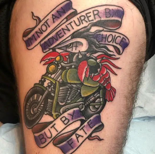 Colorful Crawfish and Harley Davidson Motorcycle with Script Thigh Tattoo
