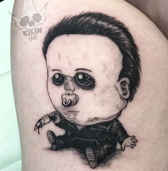 Baby Michael Myers with Knife and Pacifier Tattoo