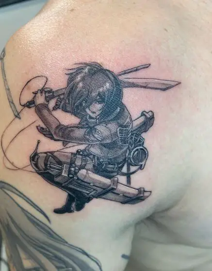 Black and Grey Mikasa Ackerman with Sword Shoulder Tattoo