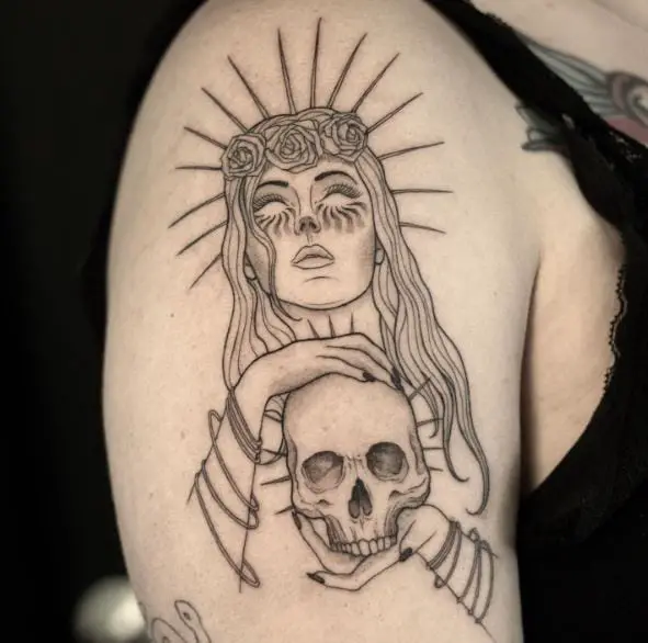 Persephone with Roses and Skull Arm Tattoo