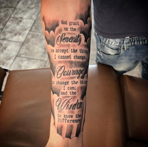 Clouds and Serenity Prayer Quote Forearm Tattoo