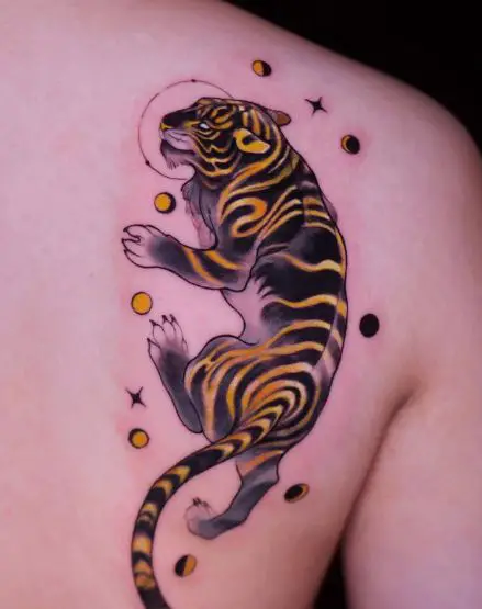 Moon Phases, Stars and Yellow Tiger Back Tattoo
