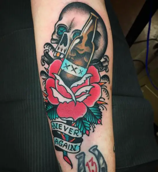 Skull and Red Rose with Bottle and Script Forearm Tattoo