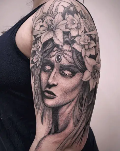 Black and Grey Persephone with Flowers Arm Tattoo