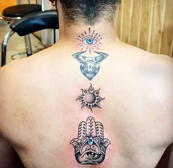 Hamsa Hand, Sun, Bull and All Seeing Eye Back Tattoo