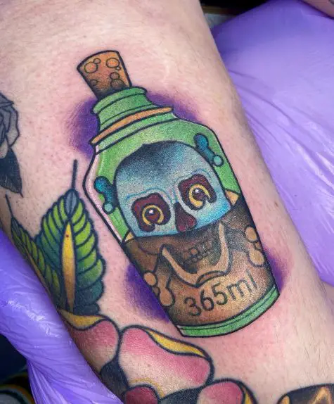 Colorful Bottle with Liquid and Skull Biceps Tattoo