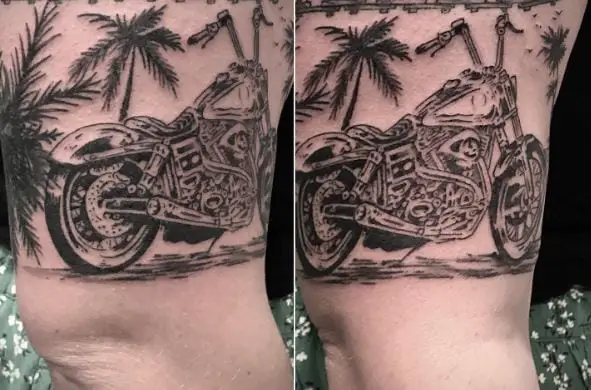 Black and Grey Palm Trees and Harley Davidson Motorcycle Arm Tattoo