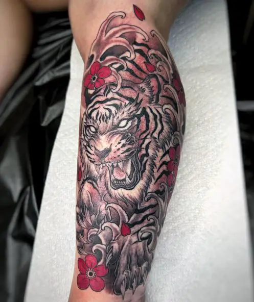 Red Flowers and Roaring Japanese Tiger Leg Tattoo