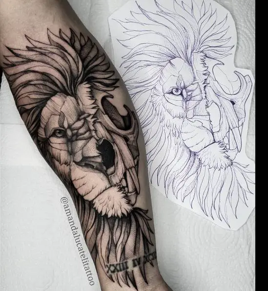 Black and Grey Half Lion Half Skull Forearm Tattoo