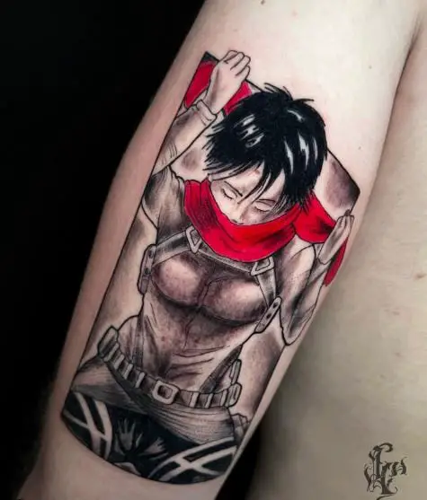 Black and Grey Mikasa Ackerman with Red Scarf Arm Tattoo
