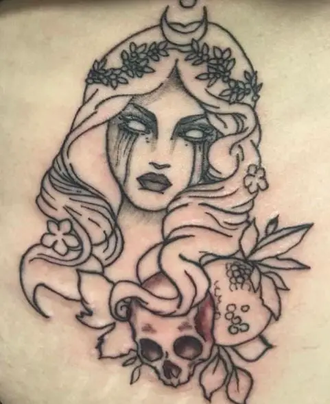 Persephone with Skull and Fruit Stomach Tattoo