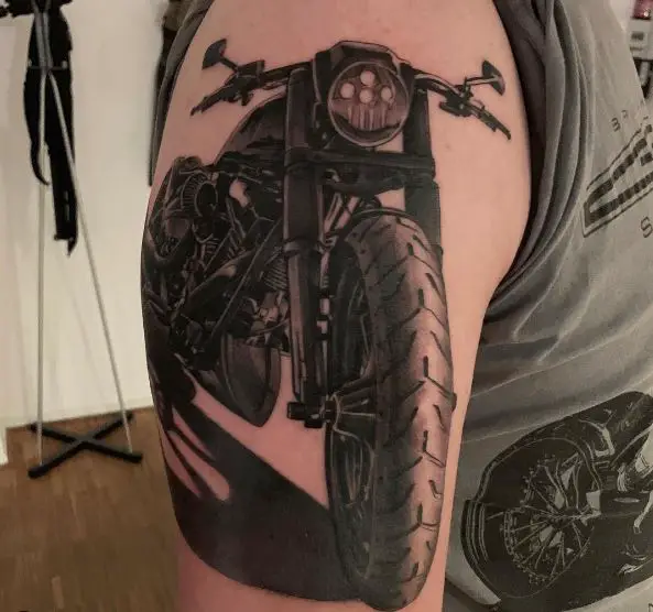 Black and Grey Harley Davidson Motorcycle Arm Tattoo
