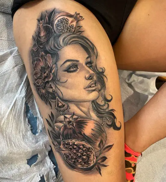 Persephone with Flowers and Fruits Thigh Tattoo