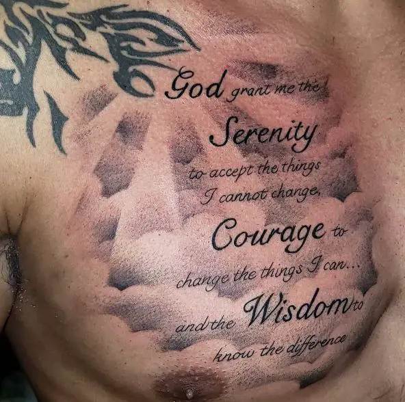 Heavenly Clouds and Serenity Prayer Quote Forearm Tattoo
