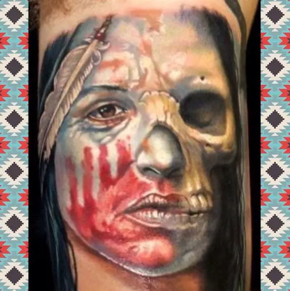 Colorful Half Skull Half Face of Sioux Warrior Tattoo