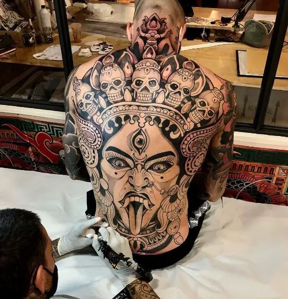 Black and Grey Skulls and Goddess Full Back Tattoo