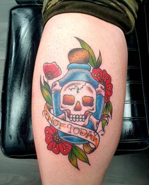 Colorful Flowers, and Bottle with Skull Sobriety Tattoo