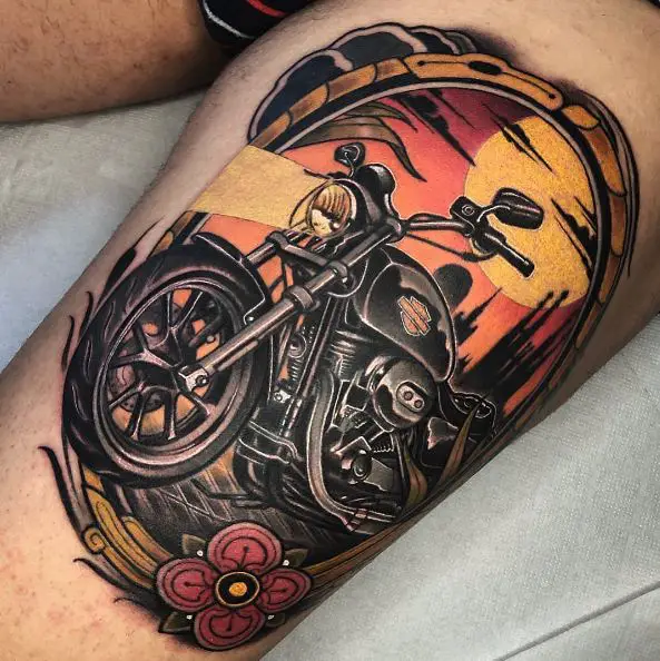 Colorful Cathedral and Harley Davidson Motorcycle Thigh Tattoo