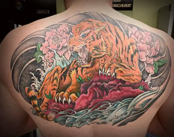 Waterfall, Flowers and Japanese Tiger Back Tattoo