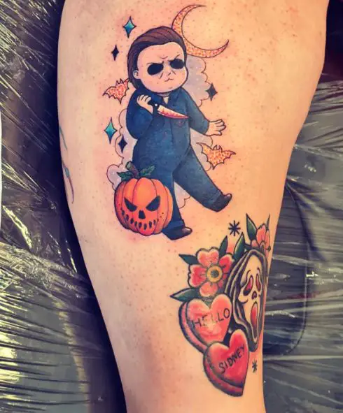 Colorful Little Michael Myers with Bloody Knife and Pumpkin Tattoo
