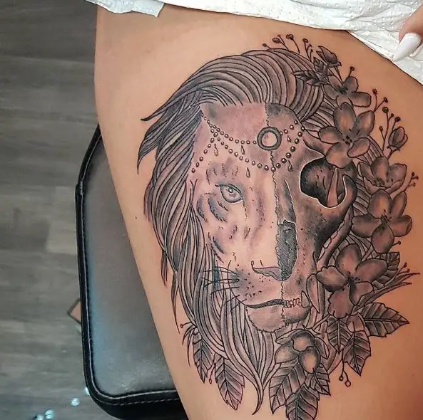 Flowers, and Half Lion Half Skull Thigh Tattoo