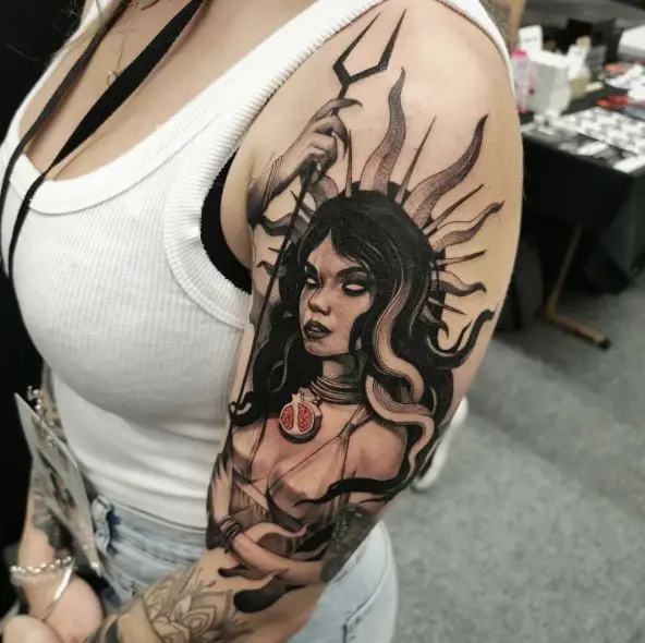Black and Grey Persephone with Bident Arm Tattoo