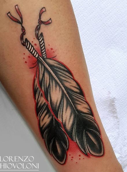 Colorful Sioux Feathers Forearm Tattoo