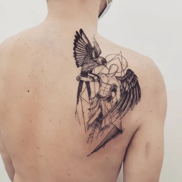 Black and Grey Angel with Bird Back Tattoo