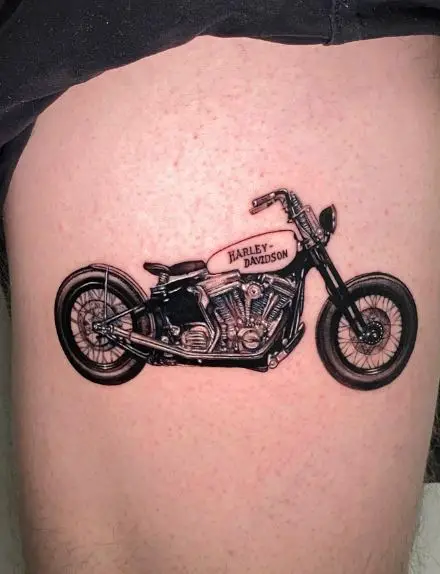 Black and Grey Old Timer Harley Davidson Motorcycle Thigh Tattoo