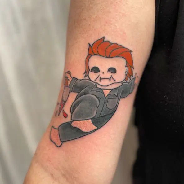 Colorful Little Michael Myers with Bloody Knife Biceps Tattoo