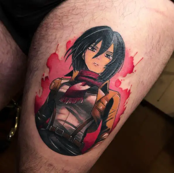 Colorful Fire and Mikasa Ackerman Thigh Tattoo