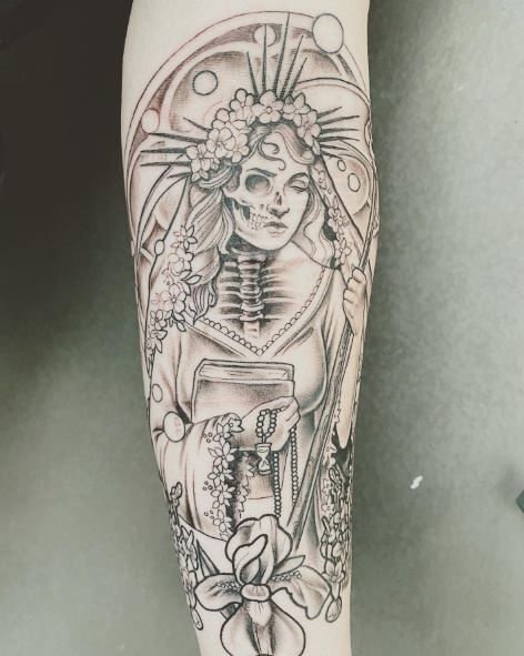 Grey Shaded Persephone with Book Forearm Tattoo