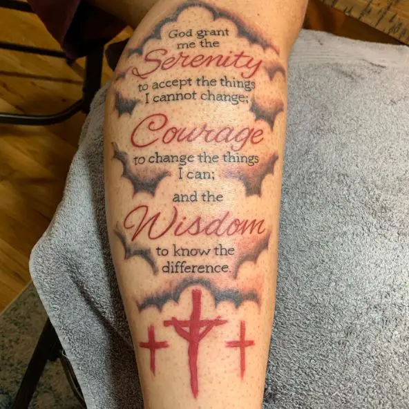 Crucifixion and Serenity Prayer Quote Forearm Tattoo