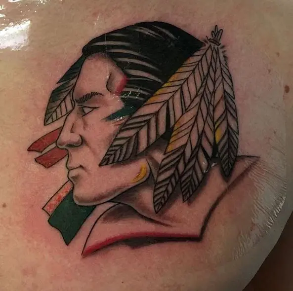 Colorful Sioux Warrior Head with Feathers Tattoo
