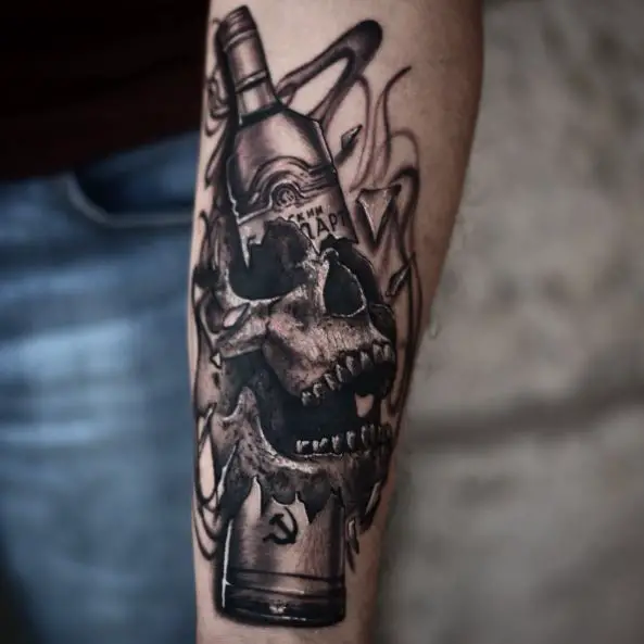 Broken Bottle and Skull Forearm Tattoo