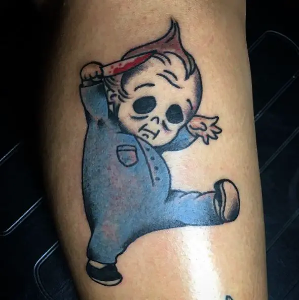 Colorful Baby Michael Myers with Bloody Knife Tattoo