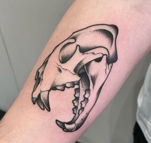 Black and Grey Shaded Lion Skull Forearm Tattoo