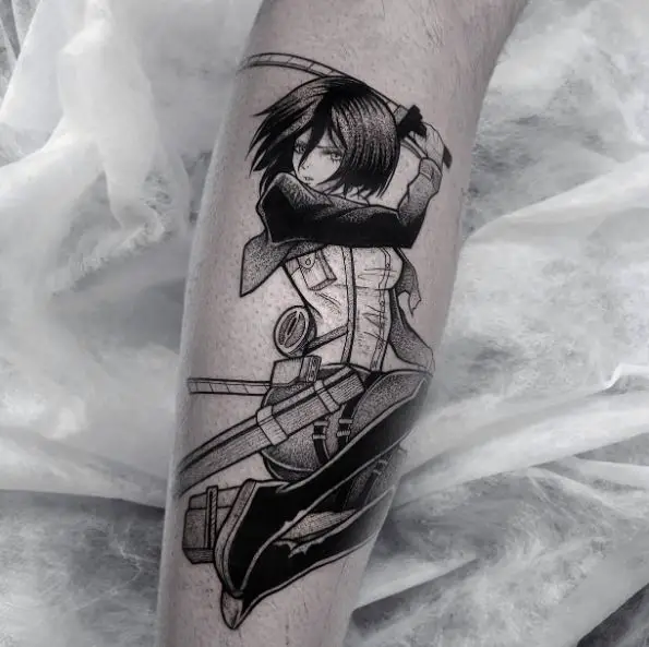 Black and Grey Mikasa Ackerman with Sword Forearm Tattoo