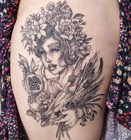 Persephone with Goat Skull and Fruit Thigh Tattoo