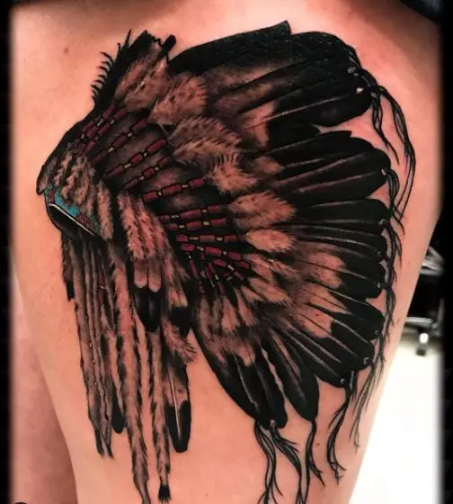 Colored Sioux Feather Headdress Thigh Tattoo