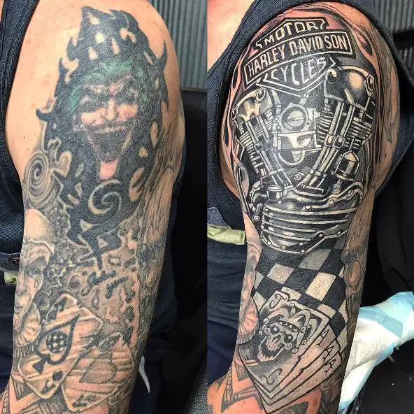 Black and Grey Harley Davidson Engine with Logo Arm Tattoo