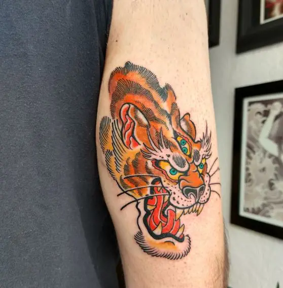 Angry Japanese Tiger with Three Eyes Arm Tattoo