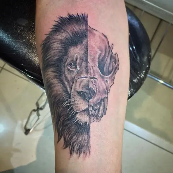 Black and Grey Half Lion Half Skull Forearm Tattoo