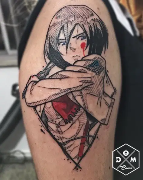 Black and Grey Mikasa Ackerman with Blood on Cheek Arm Tattoo